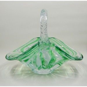 Hand Blown Art Glass Green White Swirl Basket With Clear Twisted Handle